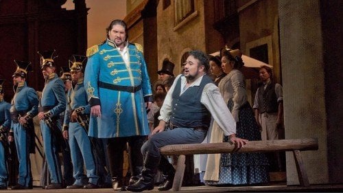 Nicola Alaimo as Belcore and Ramón Vargas as Nemorino in L'elisir d'amore - photo Ken Howard, Metropolitan Opera