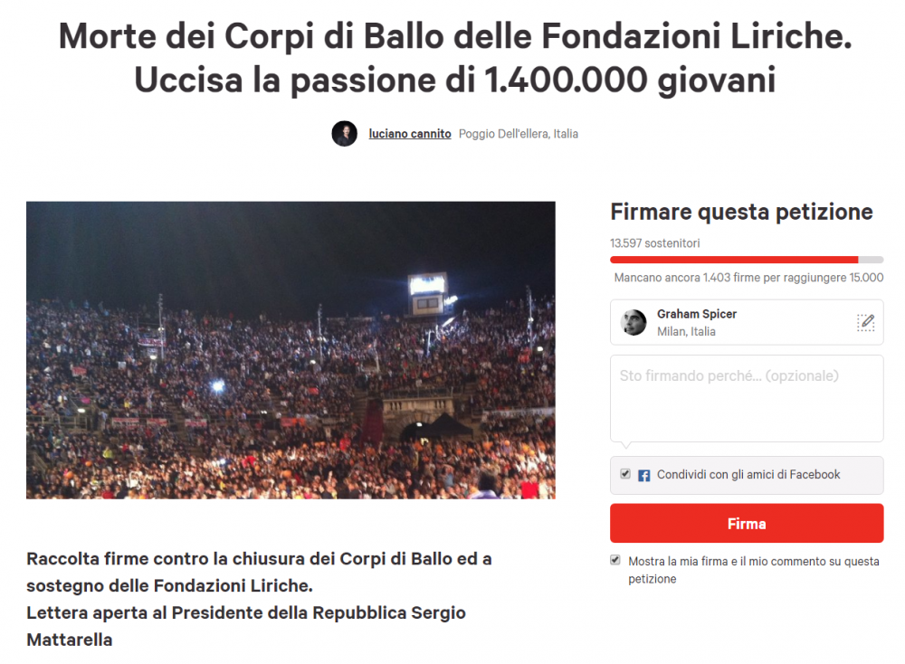 Petizione %C2%B7 Morte dei Corpi di Ballo delle Fondazioni Liriche. Uccisa la passione di 1.400.000 giovani %C2%B7 Change.org Petizione · Morte dei Corpi di Ballo delle Fondazioni Liriche. Uccisa la passione di 1.400.000 giovani · Change.org