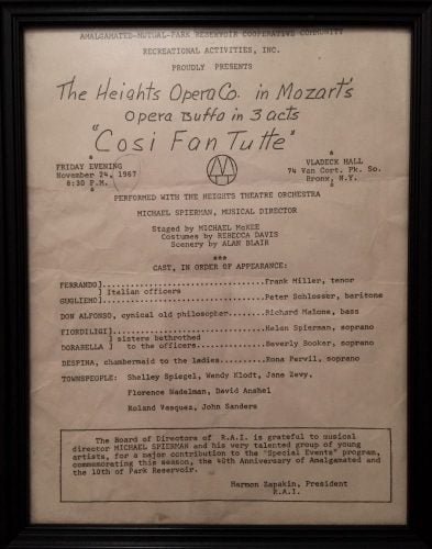 Programme for Bronx Opera's first performance, Così fan tutte, November 24, 1967 at Vladeck Hall, The Bronx