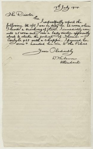 The report written by Attendant David Wilson on July 17 1914 about the attack on Carlyle%E2%80%99s portrait The report written by Attendant David Wilson on July 17 1914 about the attack on Carlyle's portrait