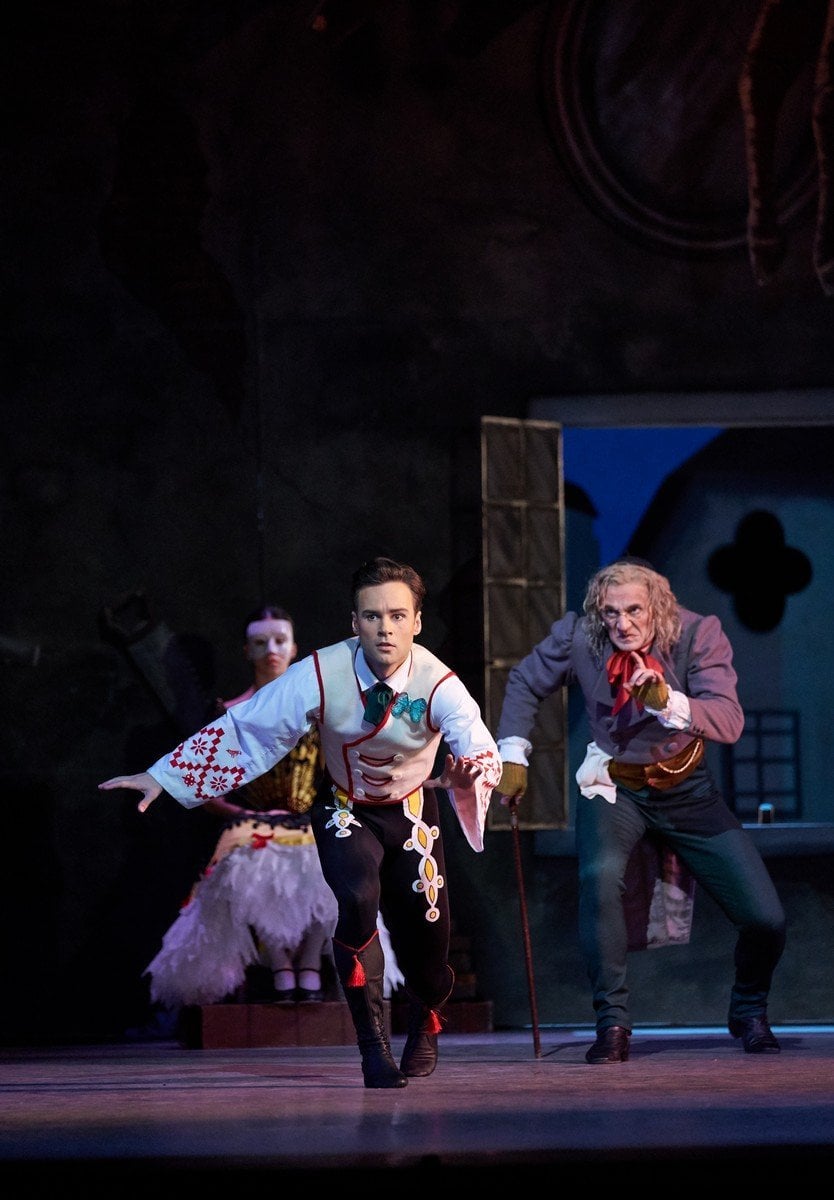 Coppelia. Alexander Campbell as Franz and Gary Avis as Dr Coppelius. c ROH 2019. Photographed by Bill Cooper. Coppelia. Alexander Campbell as Franz and Gary Avis as Dr Coppelius. (c) ROH, 2019. Photographed by Bill Cooper.