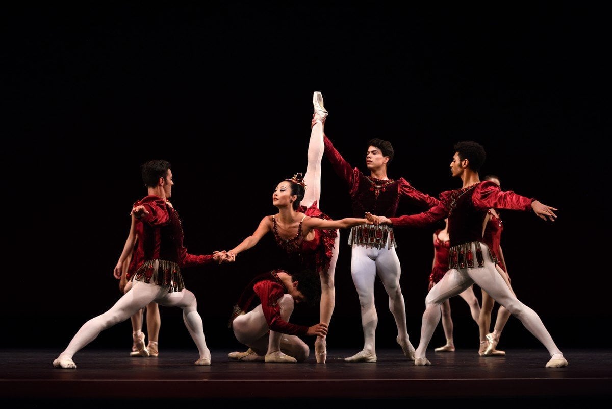 San Francisco Ballet in Balanchines Rubies Choreography by George Balanchine © The Balanchine Trust Photo © Erik Tomasson San Francisco Ballet in Balanchine's Rubies, Choreography by George Balanchine © The Balanchine Trust; Photo © Erik Tomasson