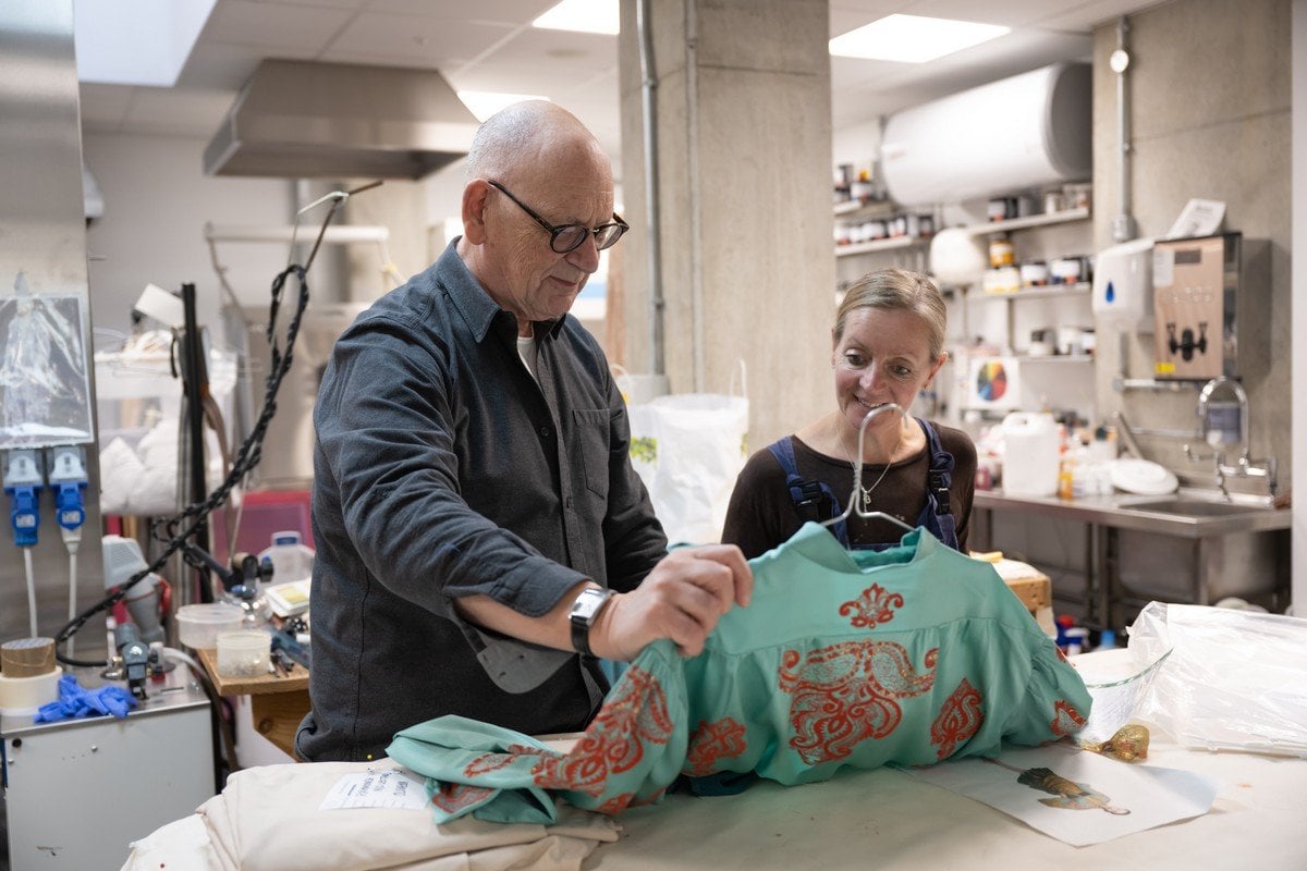 Designer Antony McDonald and English National Ballet dyer and painter Symone Frost work on costumes for Raymonda © Photography by ASH Designer Antony McDonald and English National Ballet dyer and painter Symone Frost work on costumes for Raymonda © Photography by ASH