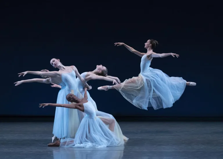 Ashley Hod, aloft, with, India Bradley, Marika Anderson, Christina Clark and Miriam Miller of NYCB in George Balanchine’s Serenade. Photo credit Erin Baiano