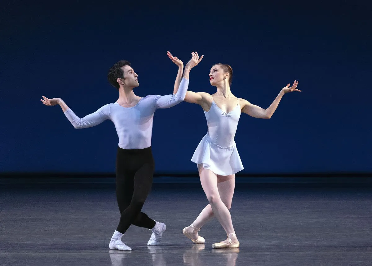 Anthony Huxley and Indiana Woodward of New York City Ballet in George Balanchines Duo Concertant. Photo by Erin Baiano jpg Anthony Huxley and Indiana Woodward of New York City Ballet in George Balanchine’s Duo Concertant. Photo by Erin Baiano