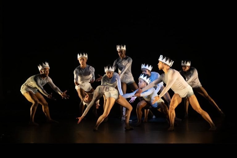 Ballet Black in If At First by Sophie Laplane (L-R) Bhungane Mehlomakulu, Elijah Peterkin, Megan Chiu, Taraja Hudson, Acaoã De Castro, Isabela Coracy, Helga Paris-Morales, Ebony Thomas & Love Kotiya