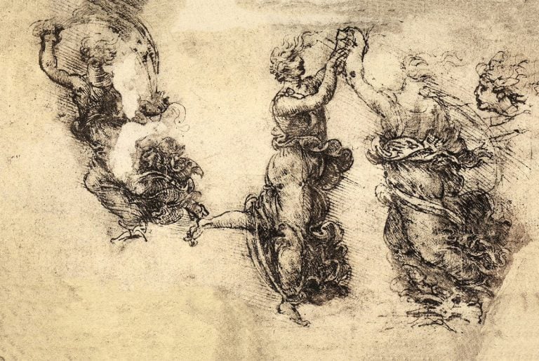 Leonardo da Vinci - dancing female figures pen drawing on paper