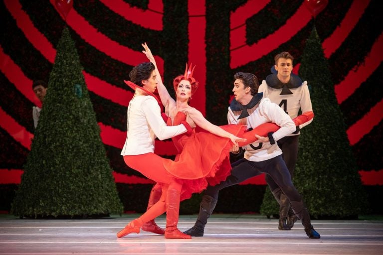 Lauren Cuthbertson as The Queen of Hearts, Téo Dubreuil, Aiden O'Brien and Benjamin Ella in Christopher Wheeldon's Alice's Adventures in Wonderland, The Royal Ballet photo by Alice Pennefather 2024