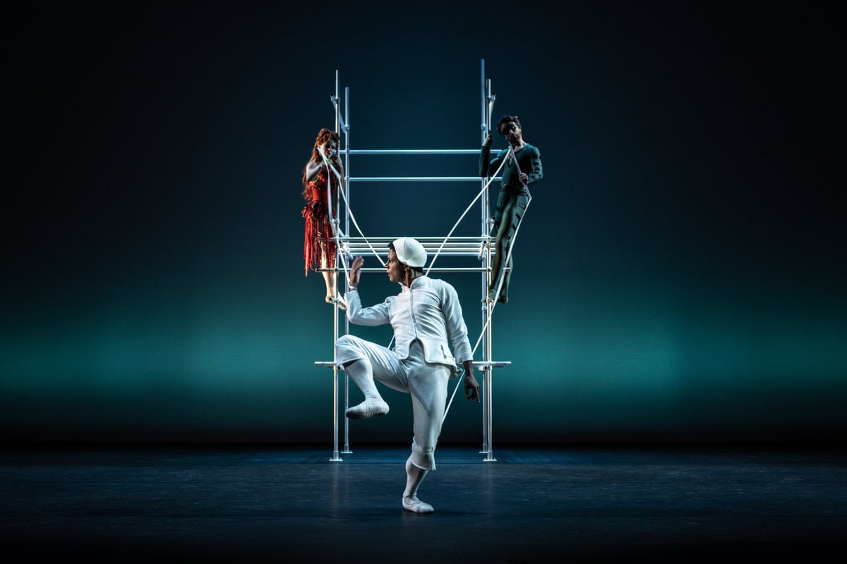 Mayara Magri as Columbine Marcelino Sambe as Pierrot and Matthew Ball as Brighella in Pierrot Lunaire ©2026 Camilla Nervi n Mayara Magri as Columbine, Marcelino Sambé as Pierrot and Matthew Ball as Brighella in Pierrot Lunaire ©2026 Camilla Nervi -n